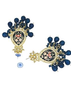 Gold plated kundan navy blue meenakari teardrop earrings 3