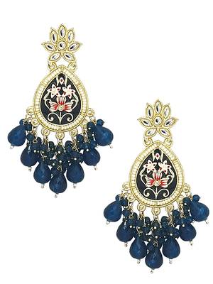 Gold plated kundan navy blue meenakari teardrop earrings 4
