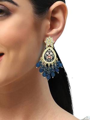Gold plated kundan navy blue meenakari teardrop earrings 5