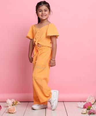Girls' orange co-ord set     front-knot button top & relaxed fit trousers 3