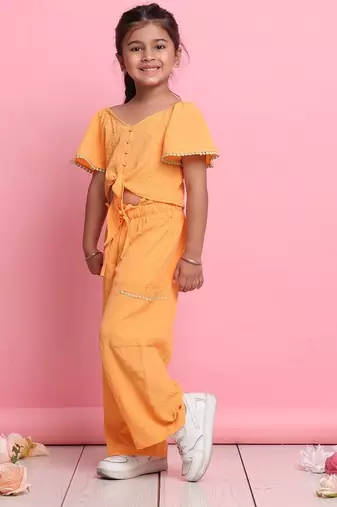Girls' orange co-ord set     front-knot button top & relaxed fit trousers