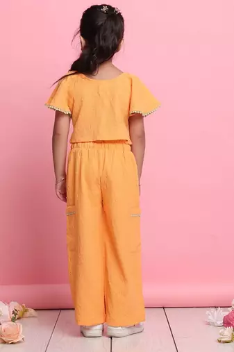 Girls' orange co-ord set     front-knot button top & relaxed fit trousers