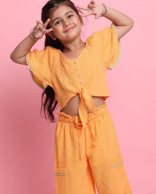 Girls' orange co-ord set     front-knot button top & relaxed fit trousers 6