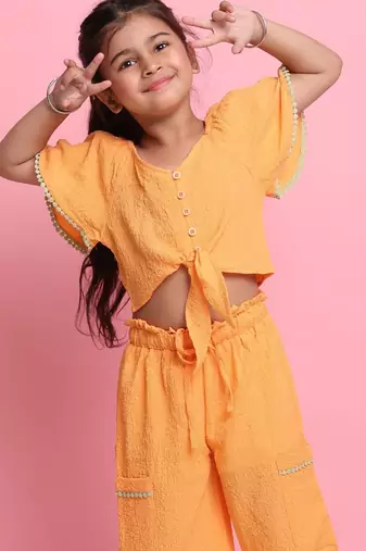 Girls' orange co-ord set     front-knot button top & relaxed fit trousers