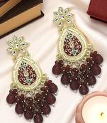 Gold plated kundan maroon meenakari teardrop earrings