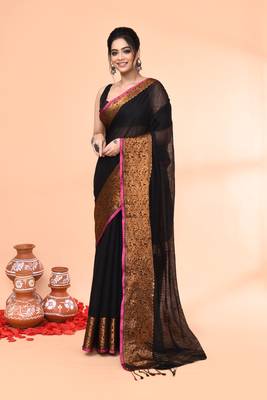 cotton blend black handloom saree with blouse piece 1
