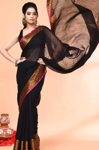 cotton blend black handloom saree with blouse piece