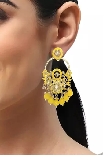 Gold plated yellow chandbali earrings