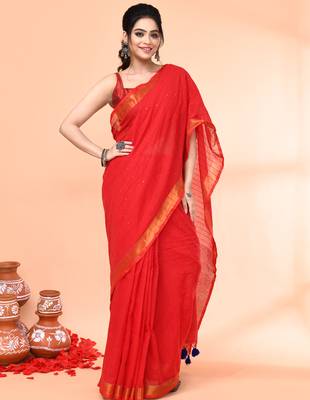 cotton handloom red sequin saree with blouse piece 2