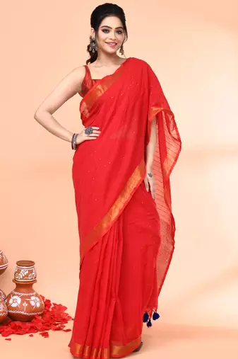 cotton handloom red sequin saree with blouse piece