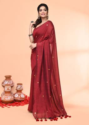 cotton handloom maroon sequin saree with blouse piece 1