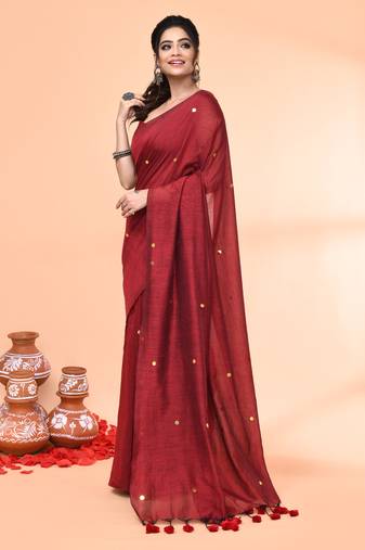 cotton handloom maroon sequin saree with blouse piece