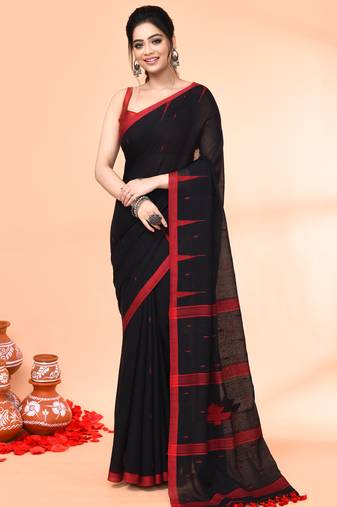 black mul cotton handloom jamdani saree with blouse piece