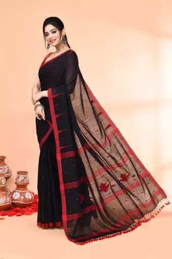 black mul cotton handloom jamdani saree with blouse piece