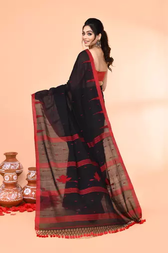 black mul cotton handloom jamdani saree with blouse piece