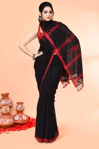 black mul cotton handloom jamdani saree with blouse piece