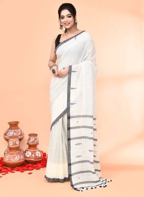 off white mul cotton handloom jamdani saree with blouse piece 1