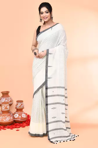 off white mul cotton handloom jamdani saree with blouse piece