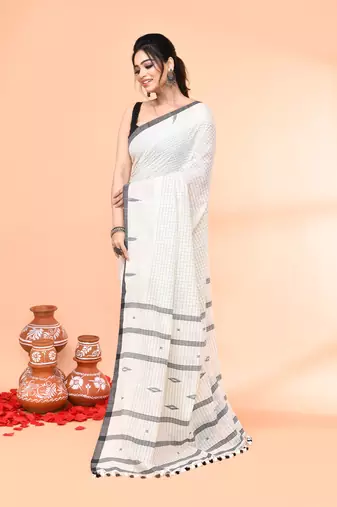 off white mul cotton handloom jamdani saree with blouse piece