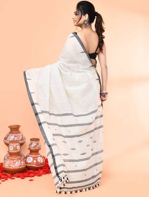 off white mul cotton handloom jamdani saree with blouse piece 3