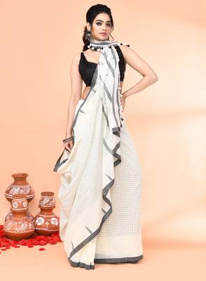 off white mul cotton handloom jamdani saree with blouse piece 4