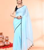 Aqua blue mulmul cotton saree without blouse piece