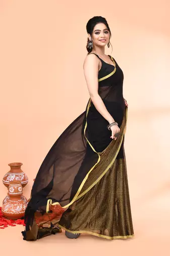 black cotton handloom saree with gold zari stripes