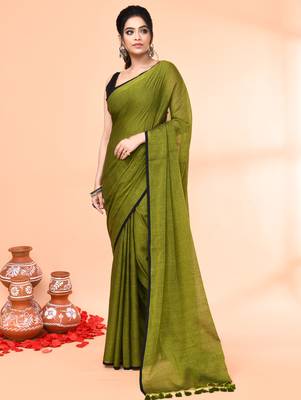 Olive mulmul cotton saree without blouse piece 1