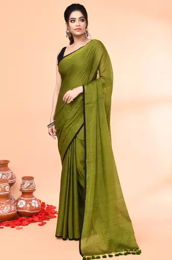 Olive mulmul cotton saree without blouse piece