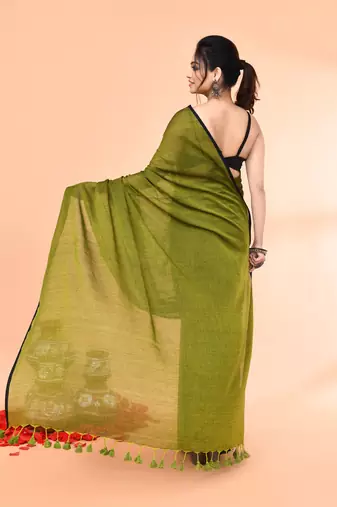 Olive mulmul cotton saree without blouse piece