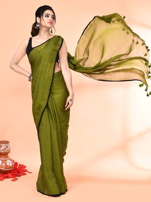 Olive mulmul cotton saree without blouse piece 3