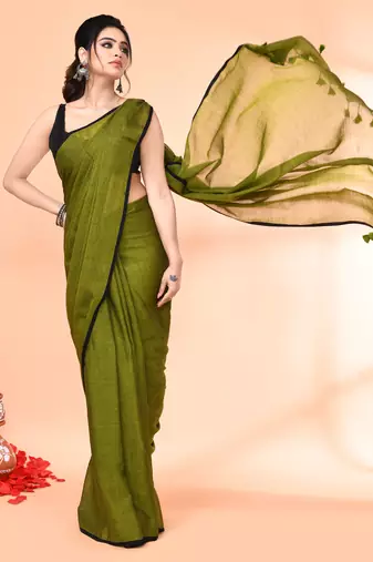 Olive mulmul cotton saree without blouse piece