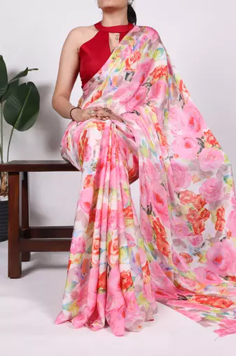 Floral Printed Dull Satin Saree Paired with Plain Moonga Silk Blouse