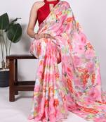 Floral Printed Dull Satin Saree Paired with Plain Moonga Silk Blouse