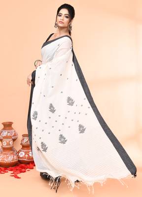 off white mul cotton handloom jamdani saree with blouse piece 2