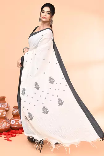 off white mul cotton handloom jamdani saree with blouse piece