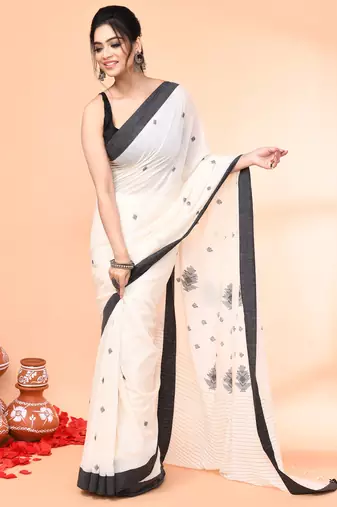 off white mul cotton handloom jamdani saree with blouse piece