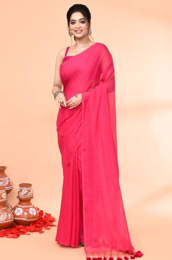 Pink mulmul cotton saree without blouse piece
