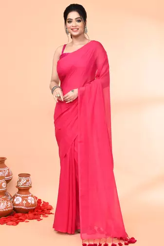Pink mulmul cotton saree without blouse piece