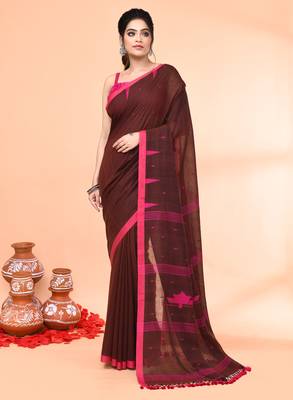 brown mul cotton handloom jamdani saree with blouse piece 1
