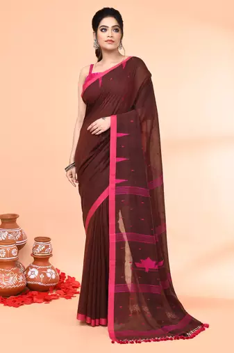 brown mul cotton handloom jamdani saree with blouse piece