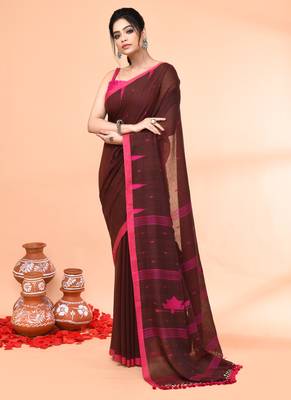 brown mul cotton handloom jamdani saree with blouse piece 2