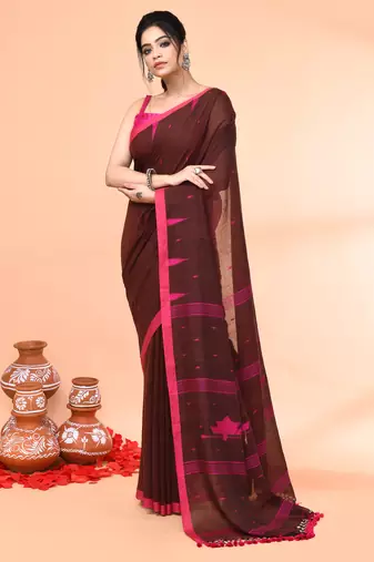 brown mul cotton handloom jamdani saree with blouse piece