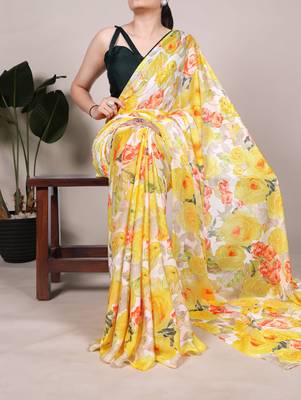 Floral Printed Dull Satin Saree Paired with Plain Moonga Silk Blouse 1