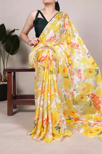 Floral Printed Dull Satin Saree Paired with Plain Moonga Silk Blouse