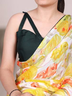 Floral Printed Dull Satin Saree Paired with Plain Moonga Silk Blouse 2