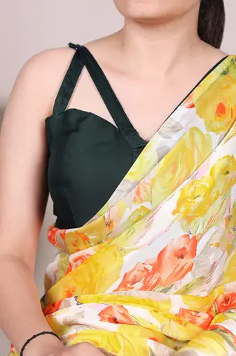 Floral Printed Dull Satin Saree Paired with Plain Moonga Silk Blouse