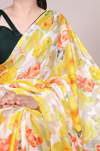 Floral Printed Dull Satin Saree Paired with Plain Moonga Silk Blouse