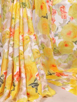 Floral Printed Dull Satin Saree Paired with Plain Moonga Silk Blouse 4