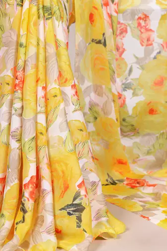 Floral Printed Dull Satin Saree Paired with Plain Moonga Silk Blouse